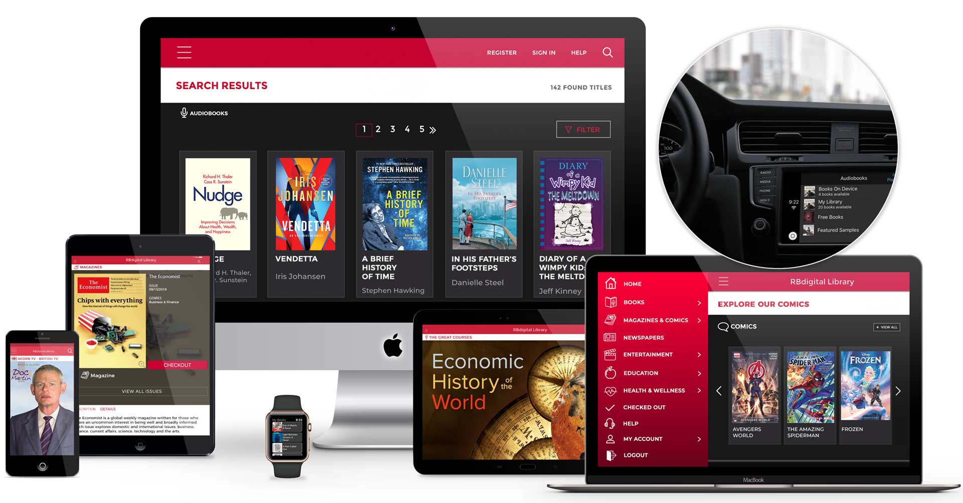 Group of mobile devices displaying RBmedia screenshots