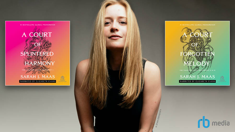 LY6298-ACOTAR-6-&-7-+-Elizabeth-Evans-pr-image_900x506_final Photo of Elizabeth Evans in the middle with the audiobook covers for A Court of Splintered Harmony and A Court of Forgotten Melody on the sides.