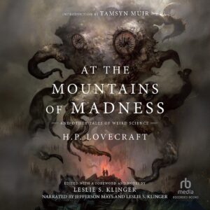 AT THE MOUNTAINS OF MADNESS audiobook cover featuring an eldritch monster looming over two people holding a torch on top of stone steps