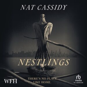 NESTLINGS audiobook cover featuring a large skeletal bird perched on a bare branch against a black and white NYC skyline