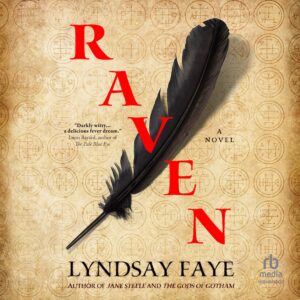 RAVEN audiobook cover featuring a black raven feather against an antique paper background