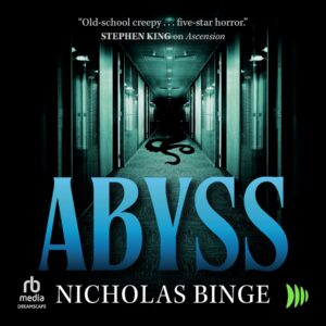 THE ABYSS audiobook cover featuring a long corridor in an office building with tentacles reaching out from the dark